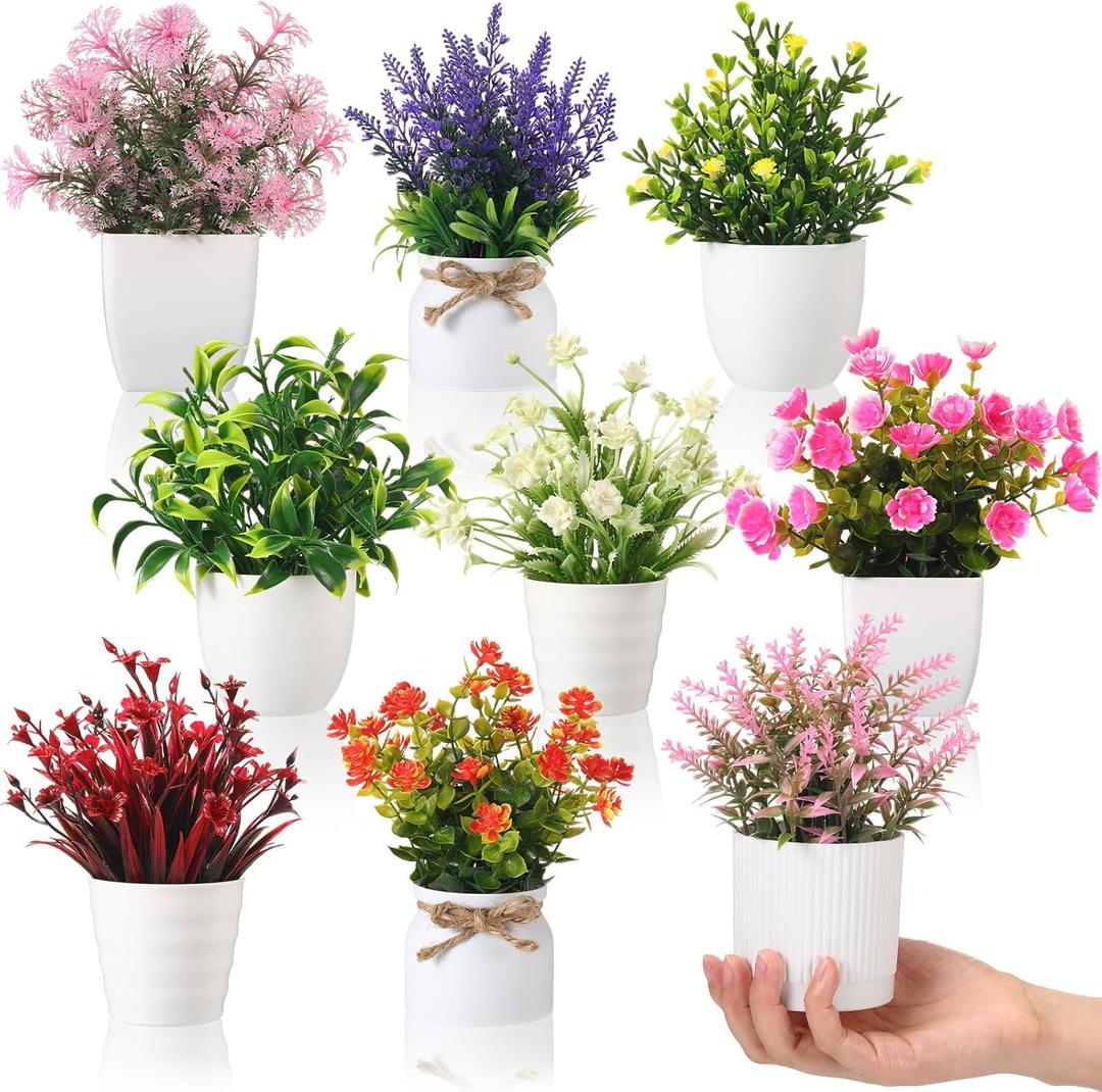 9 Pack Artificial Potted Flowers Small Fake Plants - Mini Plastic Flowers with Pot, No Watering Required, Bright Colors for Desk Decor, Coworkers Gift, Home Office Kitchen Table Indoor