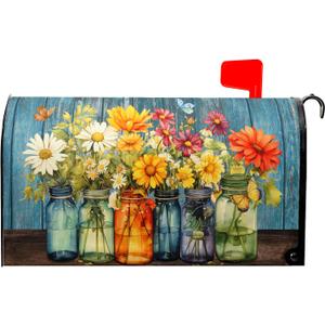 Farm Fresh Colorful Flowers Spring Mailbox Covers Magnetic Standard Size 18" X 21",Blue Rustic Mailbox Wraps Post Letter Box Cover for Holiday Garden Yard Decor