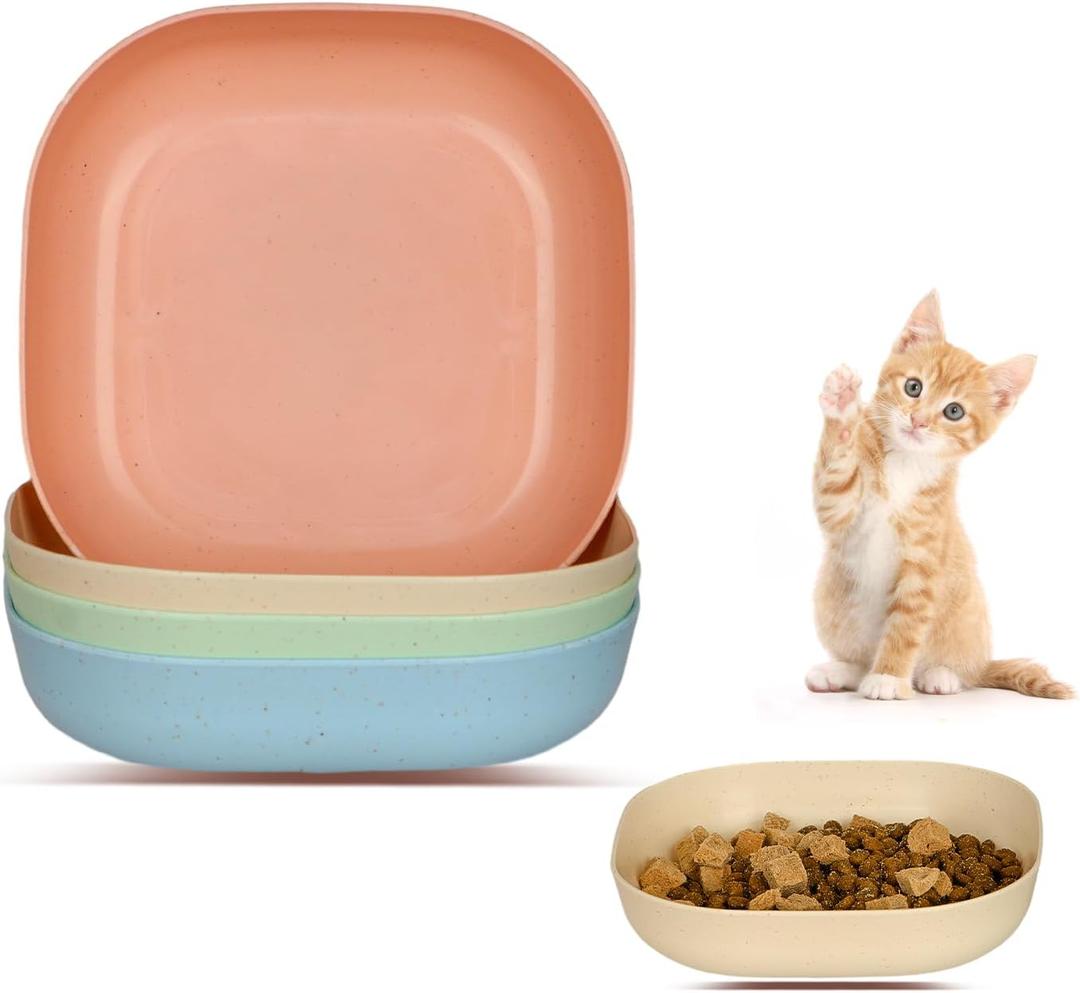 Cat Food Bowl Set, 6 inch Wide Shallow Cat Bowl for Relief Whisker Fatigue,Small Flat Cats Dish, Shallow Pet Feeding Dish or Plate for Kittens and Small Dogs (4Pcs)