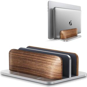 LOXP Vertical Laptop Stand, [Dual Slot Wooden + Aluminum Laptop Holder], Desktop Adjustable MacBook Stand, Adjustable Base, for MacBook Pro/Air, (up to 17.3-inch All laptops) (Silver)