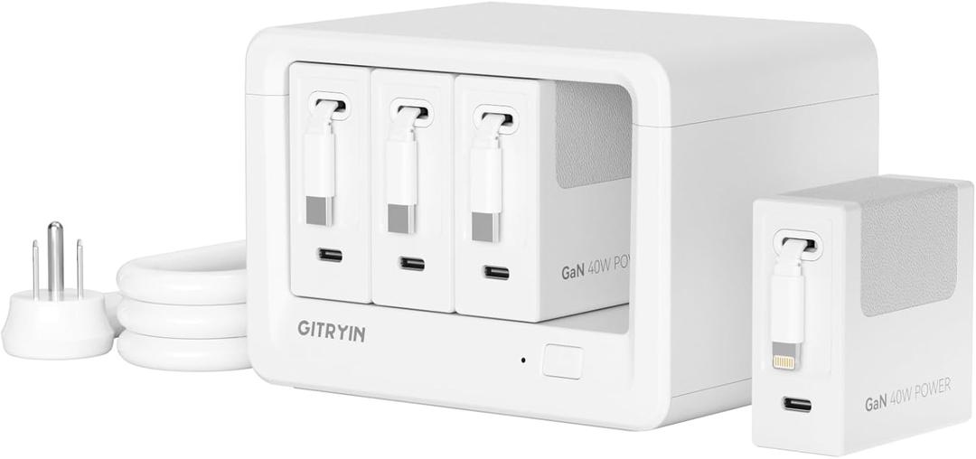Gitryin 12-in-1 Desktop Charging Station with 3 Retractable Type-C Chargers and 1 Lightning Charger, 40W USB-C Power Strip with 33.5in Cable, Extension Cord with 1020J Surge Protection for Home Office