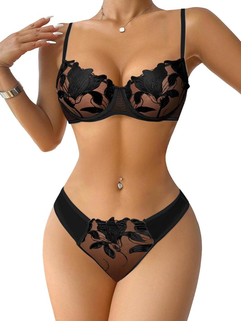 Lilosy Sexy Floral Embroidered Flower Mesh Underwire Push Up Lingerie Set (Black, L)