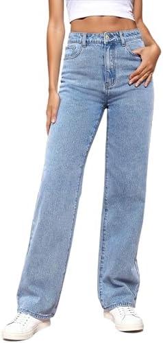 LBDLONGBIDA Women's Straight Leg Jeans Tummy Control Trendy High Waisted Stretchy Casual Denim Pants Baggy Trousers M