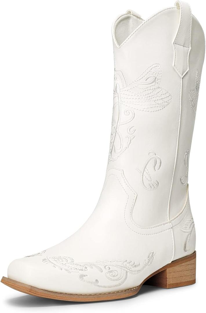 DREAM PAIRS Women's Square Toe Cowboy Cowgirl Boots Pull On Low Chunky Heel Mid Calf Western Boots with Embroidered Stitched for Theme Party Country Concert (9, White)