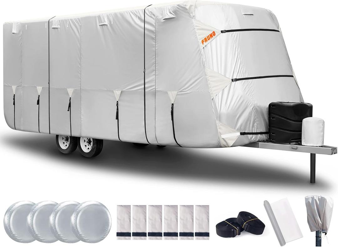 FRUNO Oxford Fabric Travel Trailer Cover RV Cover 24'-27' Waterproof Rip-Resistant Anti-UV Camper Cover for Winter Snow with Jack Cover 4 Tire Covers and Gutter Covers