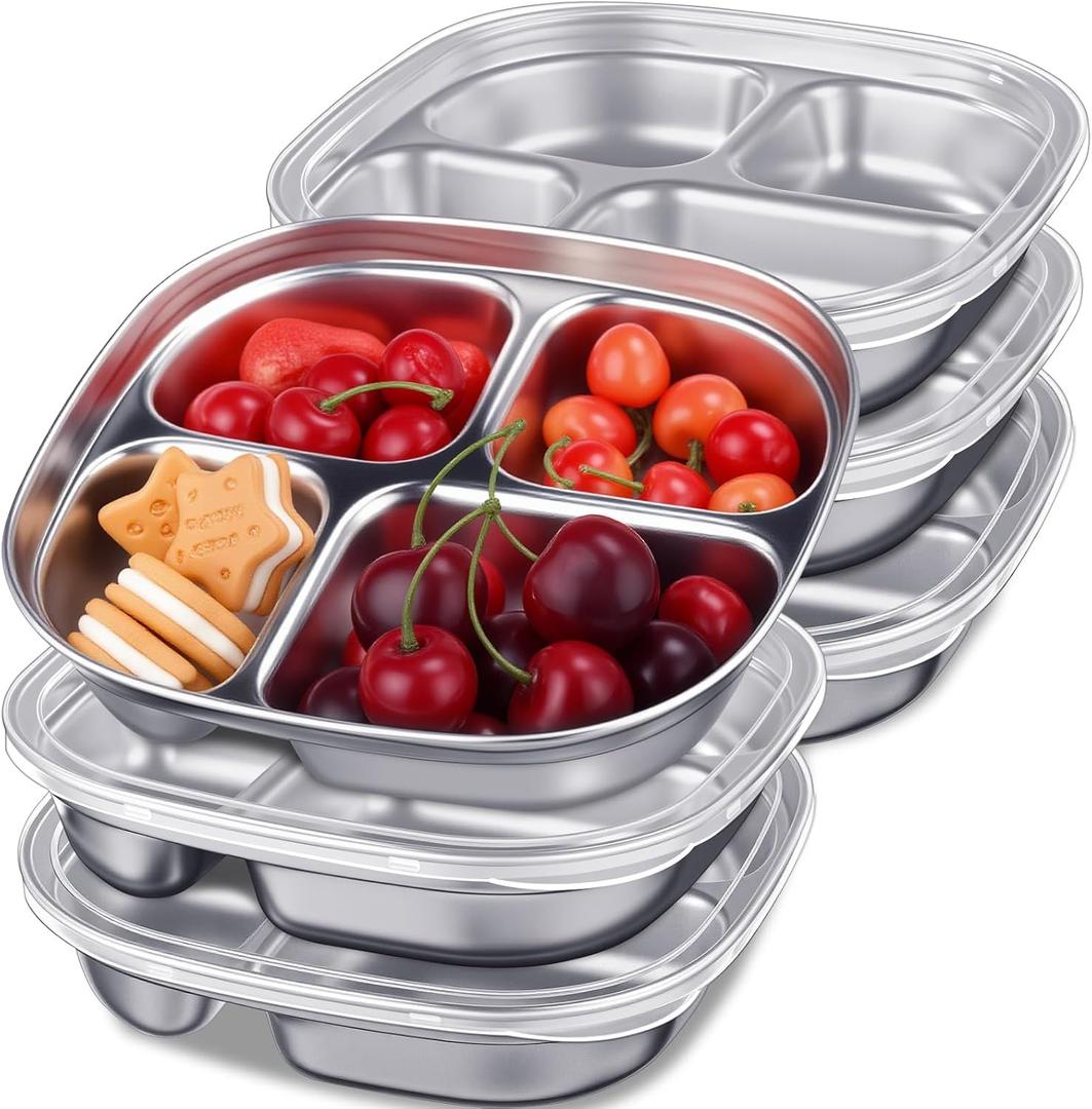 2 x Potchen 6 Pack Stainless Steel Snack Containers with Lids, Reusable 4 Compartments Bento Boxes Snack Lunch Box for Divided Food Storage Container for Home Travel(Classic)