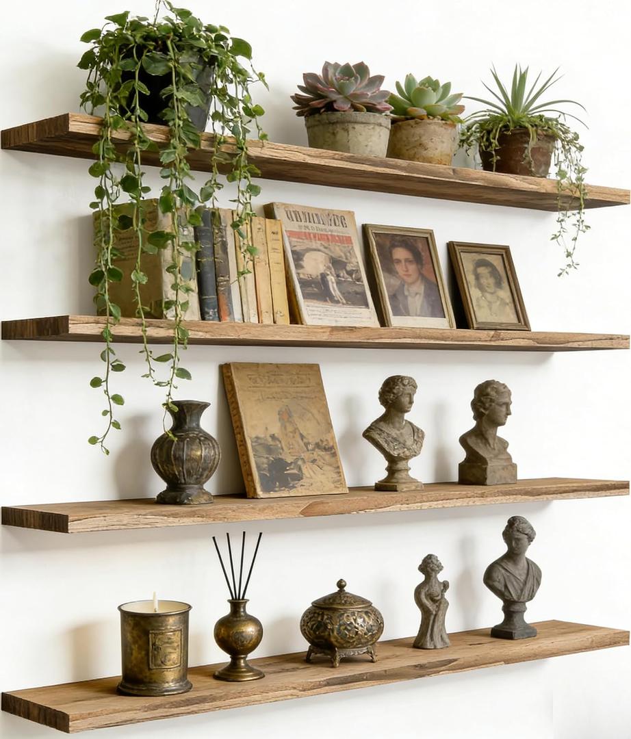 36 Inch Rustic Wood Floating Shelves Farmhouse Wooden Wall Shelves for Bathroom Bedroom Living Room Kitchen Office Set of 4 Light Brown