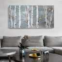 Large Tree Wall Art Hand-Painted Landscape Forest Oil Painting Gallery Wrapped Framed Canvas Gold Bird Birch Artwork 'White Birch at Night' for Living Room Bedroom Office Dcor Teal White 48"x24" (48L" x 24W", Bird and Tree Wall Art)