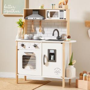 Tiny Land Play Kitchen for Kids, Wooden Kids Play Kitchen Playset Chef Pretend Play Set for Toddlers with Real Lights & Sounds, Toys Kitchen with 18 Pcs Toy Food & Cookware Accessories (White)