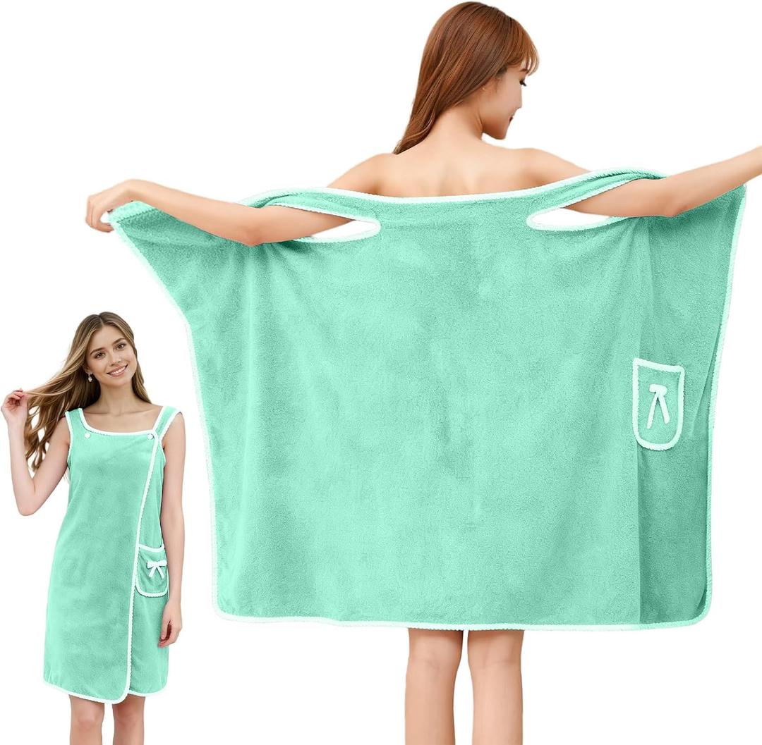 Bath Towel Wrap, Adjustable Shower Spa Towel with Pocket Bow Tie, Quick Dry Soft Lightweight Bath Skirt Wearable Robe for Women(Green) (5331in for 40-75kg)
