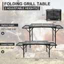 Folding Grill 4.4 FT Portable Camping Table with 2 Wing Panels, Height Adjustable Metal Outdoor Table with Mesh Desktop and Mesh Bag, Picnic, Beach and BBQ, Party, Black