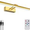 2 Pcs FUNCHDAY Picture Light,Battery Art Lights for Wall,Wireless Remote Painting Light with Timer and Dimmable,20Metal Display Lighting for Artwork,Portrait,Gallery-Gold