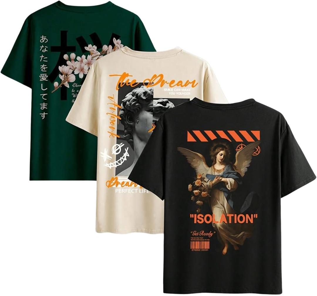 GORGLITTER Men's 3 Pack Vintage Graphic Tee Shirt Short Sleeve Crew Neck Casual Summer Streetwear T-Shirts, Large