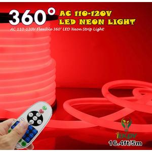 [Upgrade] 360° LED NEON Light, AC 110-120V Flexible 360 Degree LED Neon Strip Lights, Dimmable & Waterproof NEON LED Rope Light + Remote Controller for Decoration (16.4ft/5m, Red)