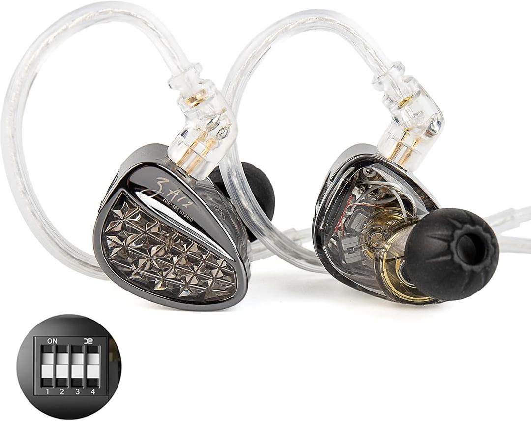 KZ ZA12 in Ear Monitor, 2DD+4BA Hybrid Wired Earbuds, KZ in Ear Monitor with 4-Level Tuning Switch Gaming Earbuds,Silver-Plated IEM Cable for Audiophile (No Microphone, Matte Black Tunable Version)