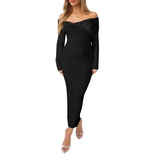 Saodimallsu Womens Off The Shoulder Sweater Dress Long Sleeve Bodycon Ribbed Knit Cocktail Party Formal Midi Dresses (Black)