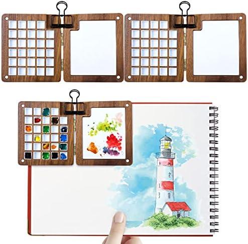 2 Pcs Portable Watercolor Palette with Clips 29 Grids Travel Watercolor Palette Walnut Wood Paint Palette Wooden Mini Paint Tray Box for Artists Outdoors Travel Sketchbook Gouache Painting Kit