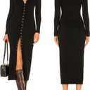 Capuffy Women's Button Down Sweater Maxi Dress Long Sleeve Open Front Long Cardigan Dress V Neck Fall Knit Bodycon Dresses 88 (Black, Small)