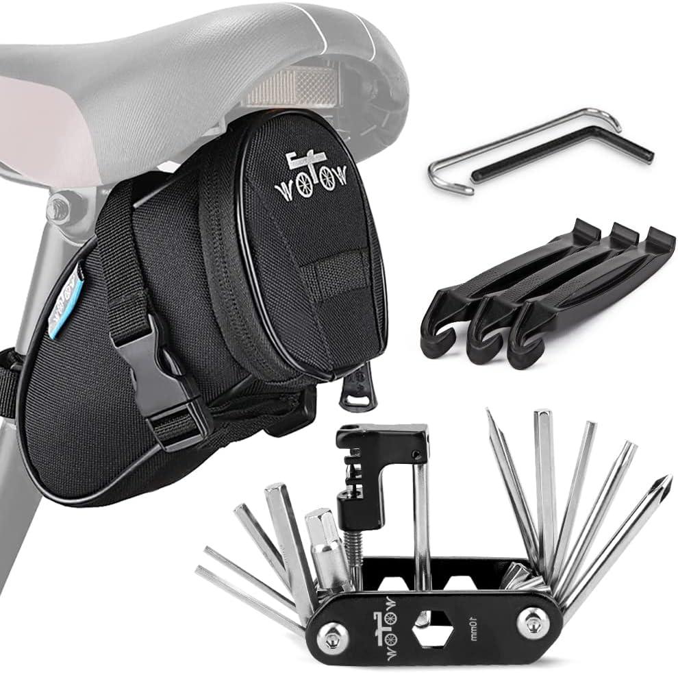 WOTOW Bike Repair Tool Kit & Bike Saddle Bag, 14 in 1 Bike Chain Tool Hex Key Wrench Maintain Accessories Multitool Set with Portable Under Seat Bag for Road Mountain Commuter Bicycle
