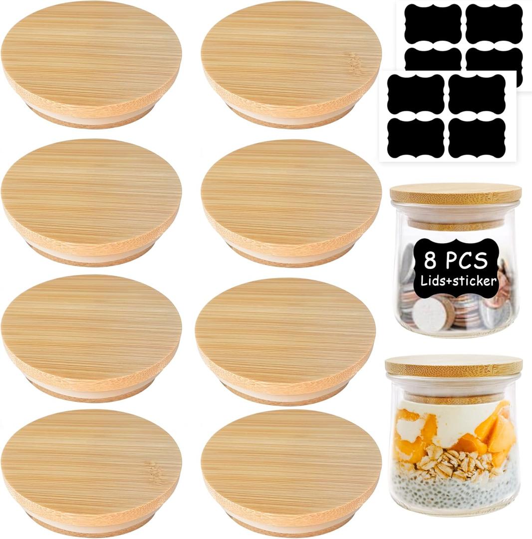 Oui Yogurt Jar Lids - 8 Pack Oui Lids-Natural Bamboo Wood with Silicone Sealing Rings and Oui Yogurt Bottle Label, For 5 Oz Oui Yogurt Jars