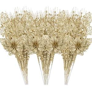 24 Pack Christmas Tree Ornaments - Artificial Flowers Glitter Berry Stems Christmas Floral Picks Branches for Xmas Tree Decorations Vase Filler Holiday Wedding Party Home Decor (Gold)