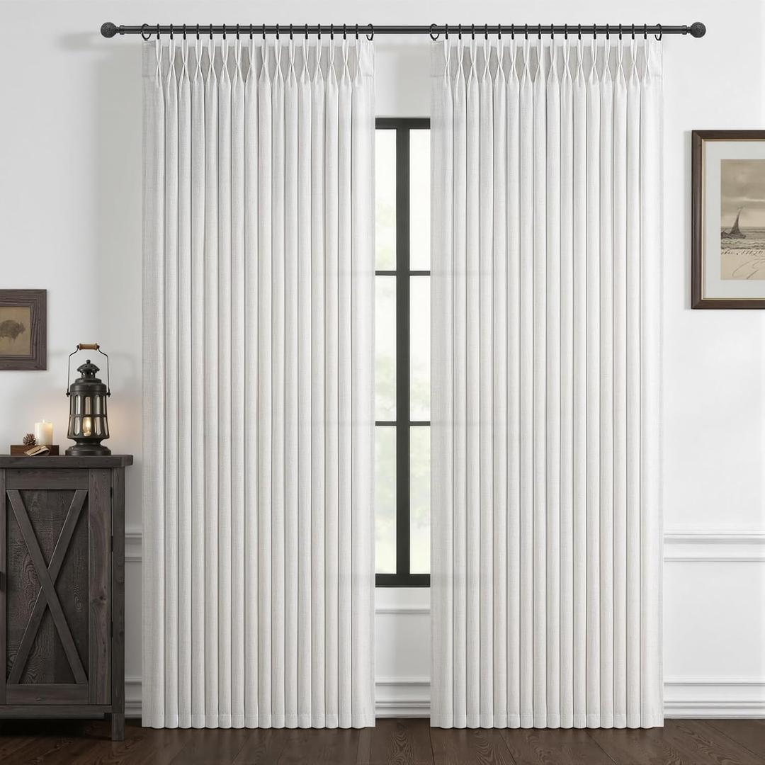 Pleated Sheer Curtains & Drapes 78 Inches Long for Dining Room, Off Beige White Boho Memory Trained Pinch Pleat Natural Linen Privacy Curtain That Let Light In Decorative Windows Drapes 2 Panels Set