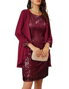 GRACE KARIN Women's Sequin Dress Wedding Guest Dresses Mother of the Bride Dresses Formal Dress Two Piece Dress Knee Length (Red, L)