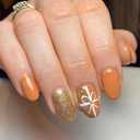 SWEKKE Orange Fake Nails - Short Almond False Nails with Designs: White Bow, Golden Glitter - Full Cover Glossy Glue on Acrylic Nails - 24 Pcs Pack of 3