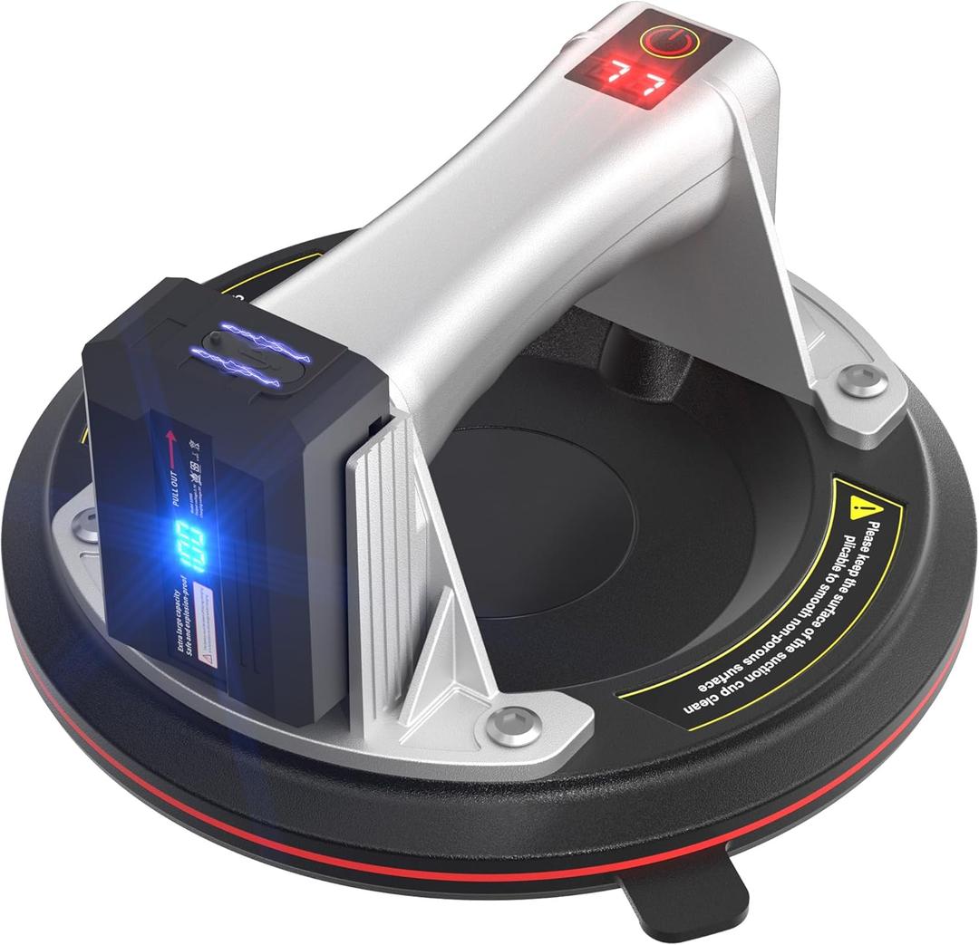 Electric Vacuum Suction Cup Lifter 8"-600lbs Max Load-Digital Display Suction Cups-Monitor-Auto Start Pump-Detachable Battery. Glass, Granite, Tile, Metal, Windshield Suction Cup Handles Tool. (Metallic Gray Red)