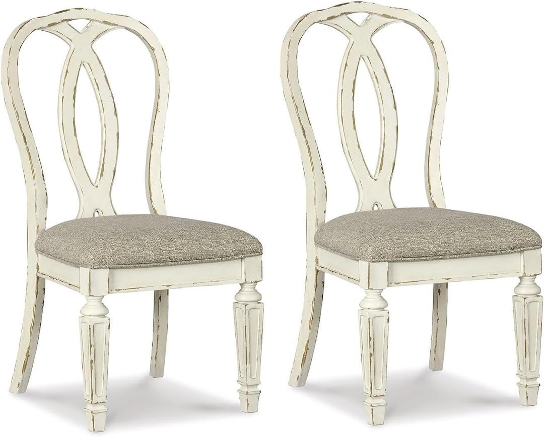 Signature Design by Ashley Realyn French Country Ribbon Back Dining Chair, 2 Count, Chipped White  24"D x 19.5"W x 40.38"H