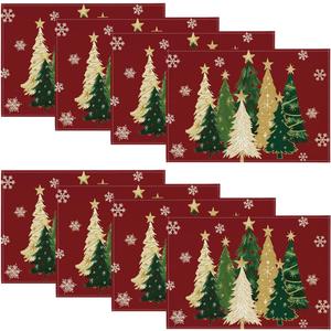 Artoid Mode Xmas Trees Snowflakes Winter Placemats Set of 8, 12x18 Inch Seasonal Red Christmas Table Mats for Party Kitchen Dining Decoration
