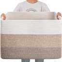 OIAHOMY 108L Super Large Blanket Basket, 25x16x16(108L) Rectangle Woven Baskets for Storage, Cotton Rope Basket For Living Room, Toy Storage with Handle- Gradient Brown