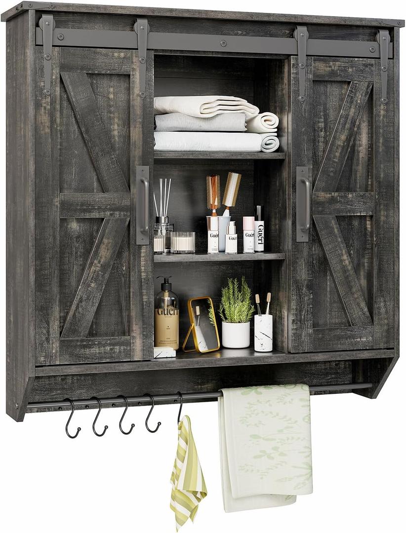 Trironsun Farmhouse Medicine Cabinet 2 Sliding Barn Doors 3 Tier Rustic Wood Wall Storage Cabinet Adjustable Shelf Towel Bar Wall Mounted Bathroom Wall Cabinet (30.71 Inch, Dark Rustic Oak)