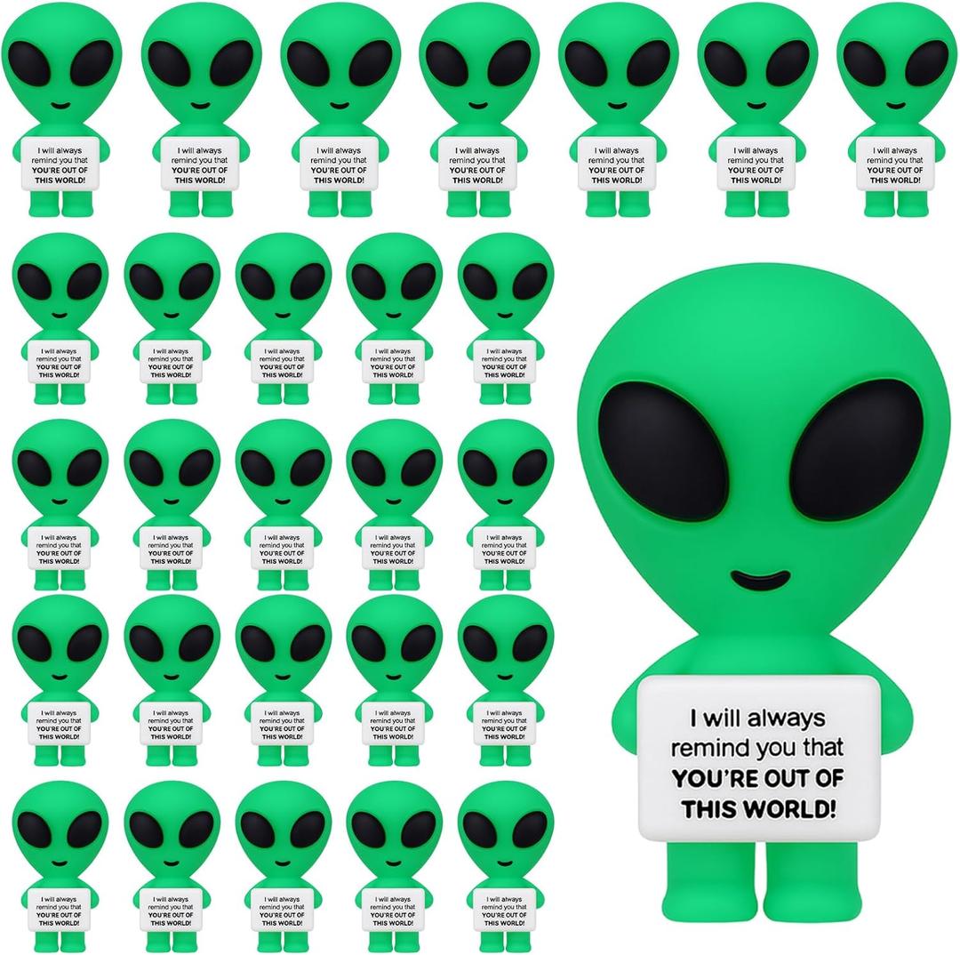 Gejoy 25 Pcs Mini Alien Figures Positive Gift Motivational Message Decorations Inspirational Rubber Mini Figurines for Colleague Staff Teacher Gifts