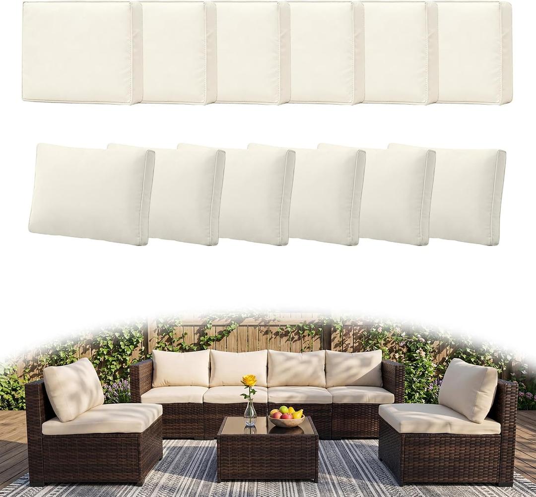 12Pcs Outdoor Couch Cushion Covers with Zipper, Water-Resistant Patio Cushion Covers, Max Compatible 24x24x3.15 Inch Patio Cushion, Full Coverage, Non-Stretch, UV-Resistant, Only Cover