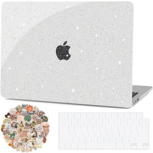 G JGOO Compatible with MacBook Air 13 inch Case 2026 2025-2022 M5 A3449 M4 A3240 M3 A3113 M2 A2681, Clear Glitter Hard Shell for MacBook Air 13.6 inch Case + Keyboard Cover +50 Pcs Laptop Sticker