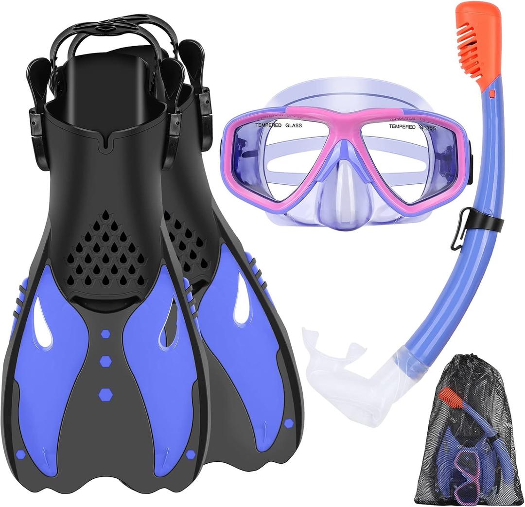 Youth Snorkel Set for Ages 7-16, Snorkeling Gear for Kids with Panoramic View Mask Anti-Fog Anti-Leak Full Dry Top Snorkel Fins Travel Bag for Swimming Diving (Violet)