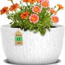 12 Inch Wide Water Ripples Flower Pots for Indoor or Outdoor Plants, Large Plant Pots with Drainage Holes & Saucer, Plastic Planters Set for Garden & Home Decor (White with Black Speckles)