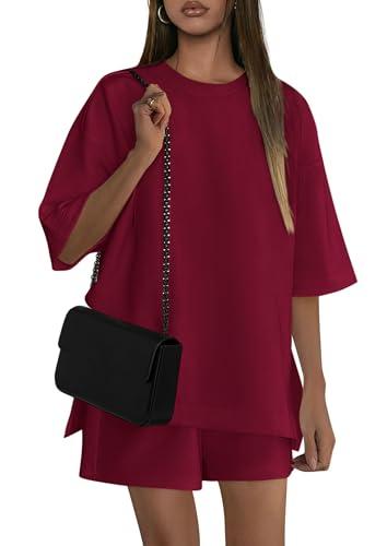 PRETTYGARDEN Women's 2 Piece Lounge Sets 2025 Summer Short Sleeve Tunic Tops Drawstring Shorts Matching Outfits Tracksuits (Wine Red,Small)