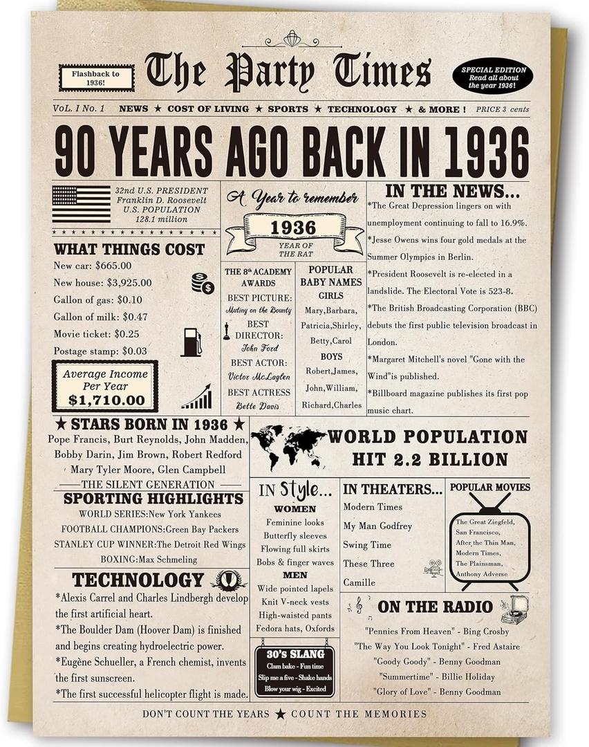 5 x Ziwenhu Large 90th Birthday Card for Grandma Grandpa,Vintage Birthday Decoration Gifts for 90 Years Old Women Men, Funny 90th Birthday Gifts for Mom Dad Family (zw-339)