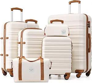 LONG VACATION 6 Piece Luggage Set Carry on Suitcase with ABS+PC hardshell, Spinner Wheels & YKK Zipper TSA Lock, Size  16/20/24/28 (WHITE-BROWN, 6 piece set)