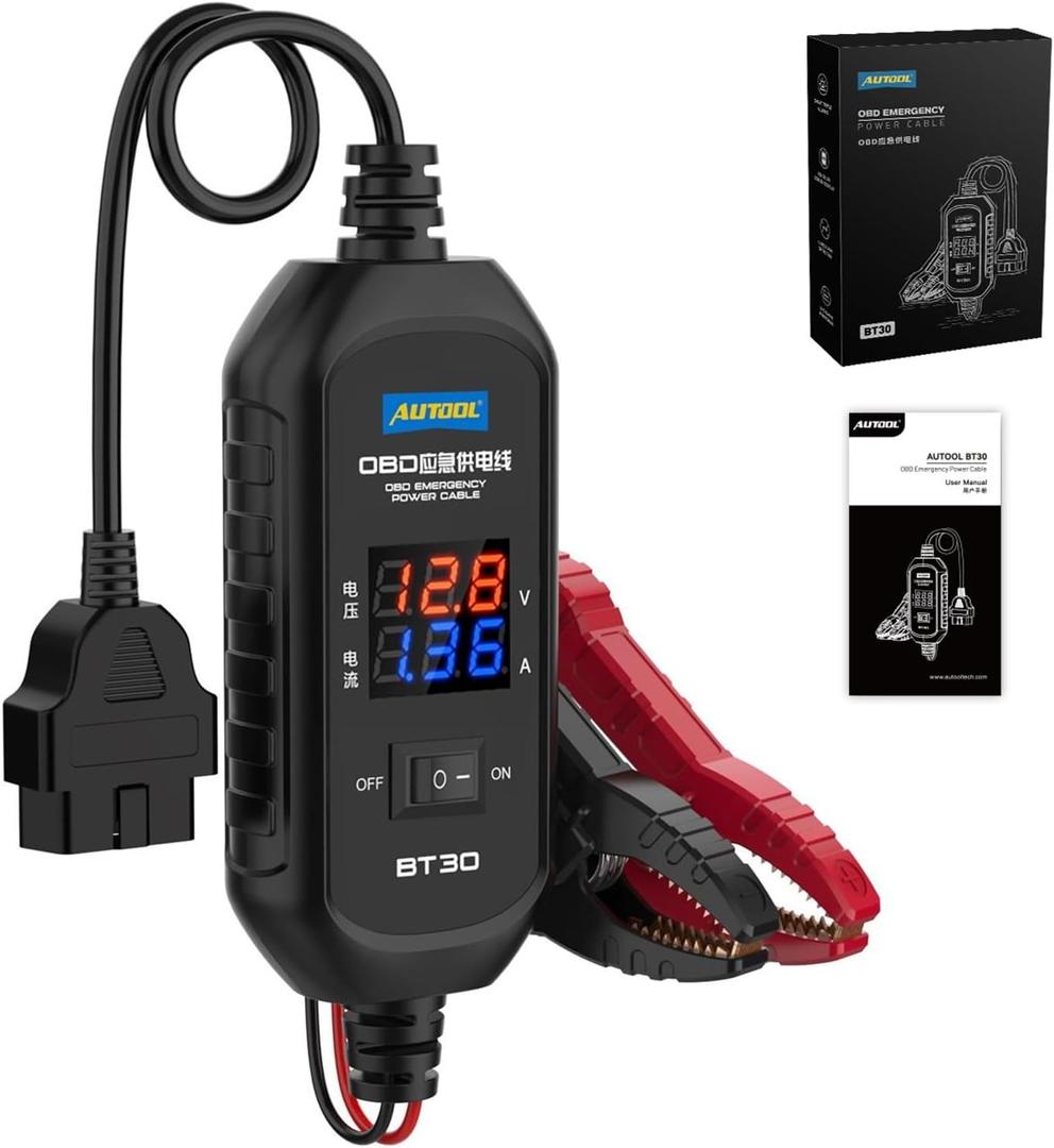 AUTOOL OBD II Car Memory Saver Cable 12V Vehicle ECU Emergency Power Supply Cable Digital Display OBD II Battery Leakage Detective Kit with 3A Fuse & 2 Alligator Clips
