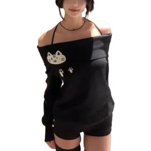 Women Y2K Off Shoulder Strap T-Shirts Cute Graphic Casual Long Sleeves Tops Kawaii Ribbing Trendy Outfits (X-Large, Black)