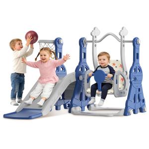 BIERUM 4 in 1 Toddler Slide and Swing Set, Baby Slide for Toddlers Age 1-2, with Basketball Hoop, Indoor Outdoor Toddler Playset Blue