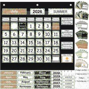 Sinload Classroom Calendar Pocket Chart Set Calendar Bulletin Board Set Seasons Festival Weather Pocket Chart for Classroom Decoration with 3 Metal Hooks Back to School Supplies (Greenery,Black)