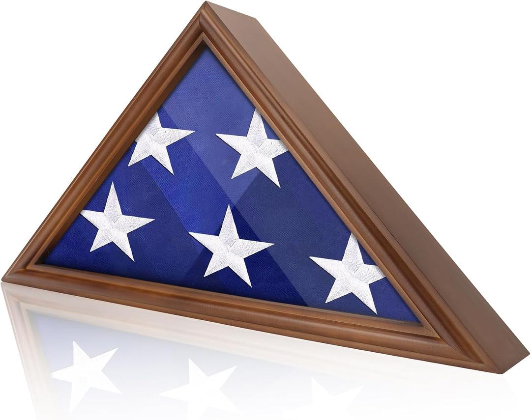ASmileIndeep Flag Display Case - 5' x 9.5' Funeral & Military Flag Shadow Box with HD Tempered Glass and Wall Mount, Folded Triangle Flag Holder Frame for Veterans, Walnut