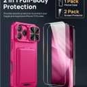 SSLOTSCASE for iPhone 17 Pro Max Case with 2X Screen Protector, [9H Hardness] Military Grade Shatterproof, Card Holder & Kickstand & Slide Lens Cover, Heavy Duty Phone Case for iPhone 17 Pro Max, Pink