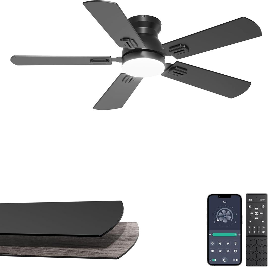 42'' Flush Mount Ceiling Fan with Light, Small Black Low Profile Ceiling Fan for Kids Room & Home Office, Quiet DC Motor, Space-Saving Modern Fan with App/Remote Control