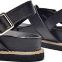 BEAU TODAY Flat Sandals for Women, Fashion Strappy Sandal Comfortable Arch Support, Open Toe Beach Dressy Leather Summer Platform Sandals (8.5, Black-1)