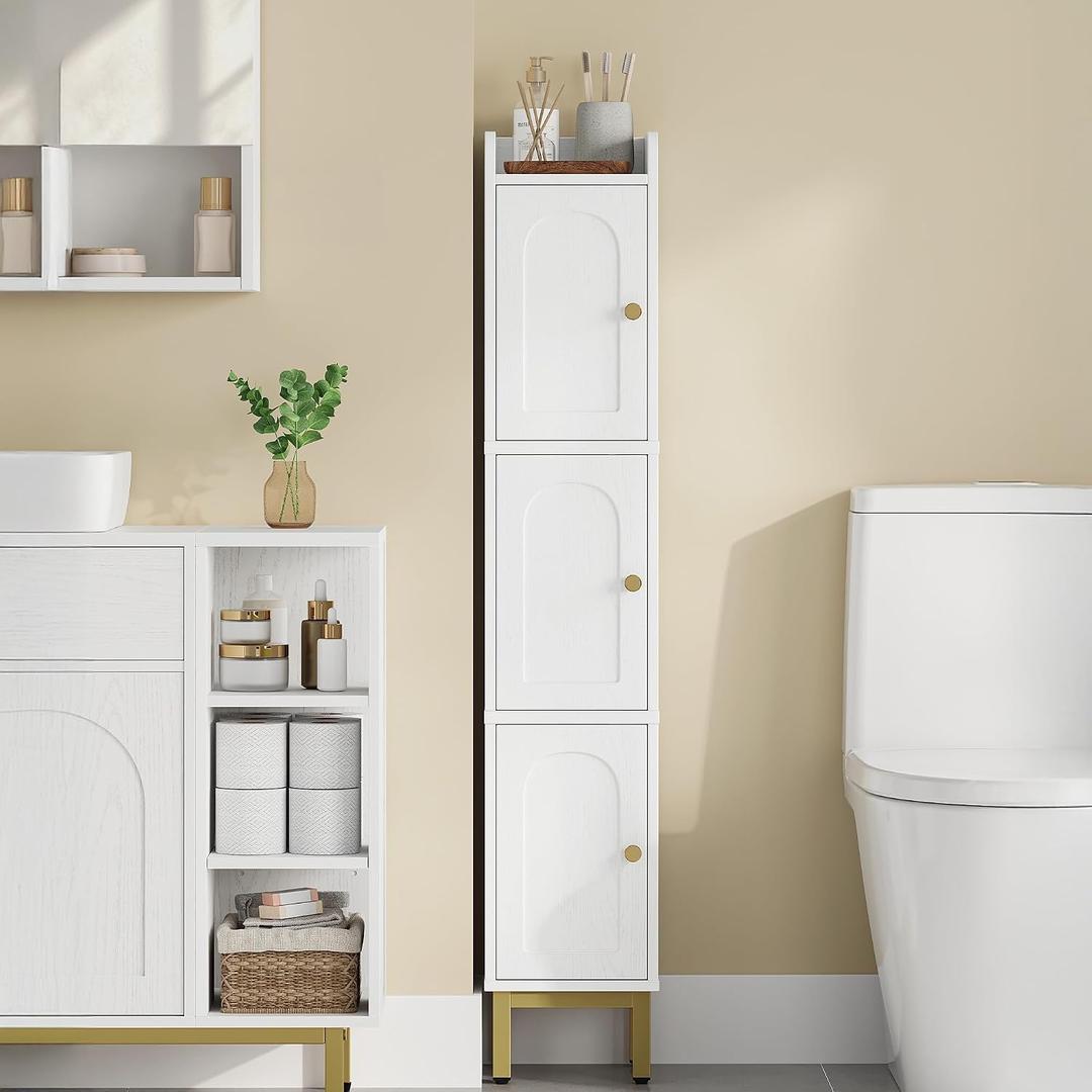 Hzuaneri Slim Bathroom Storage Cabinet, Narrow Bathroom Organizers and Storage with 4 Adjustable Feet, Laundry Room Organization for Small Space, Kitchen, Living Room, 3 Doors White BC22313G, 7.9 "D X 7.9 "W X 42.8 "H
